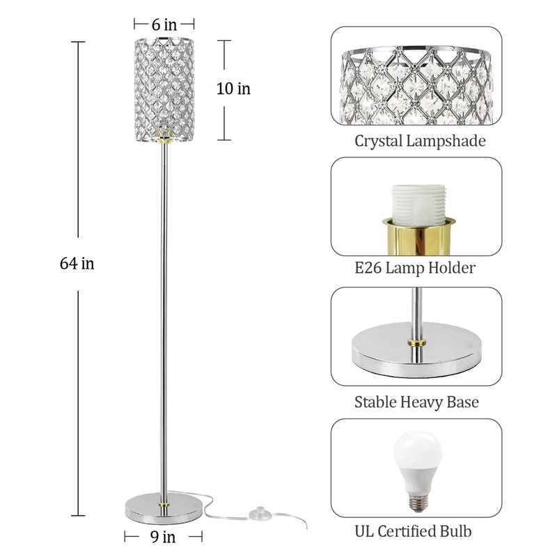 EMORLO Crystal Floor Lamp with Remote Control, Smart Modern Silver