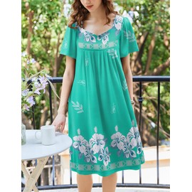 Ekouaer Women's Nightgown Pleated House Dress Short Sleeve Mumu Dress With Pockets Green Flower