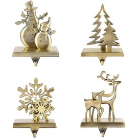 Christmas Stocking Holders for Mantle Set of 4-Snowflake Snowman Deer Tree Stocking Holders for Fireplace- Heavy Duty Stocking Holders for Mantle Christmas Stocking Hanger for Mantle(Brontze 4 Pack)