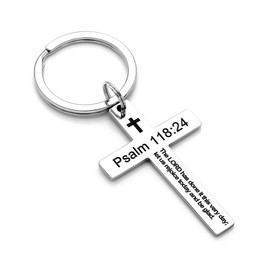 Ldurian Happy Father's Day Gifts Cross Keychains for Christian - Stainless Steel Religious Key Rings Bible Verse Keychain, Stainless Steel, Psalm 118:24