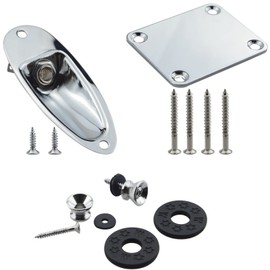 Wwomusic Silver 1/4 Inch (6.35mm) Pickup Recessed Input Output Jack Boat Style,Thick Metal Guitar Neck Plate with Screws for Fender Stratocaster Strat,2 PCS Guitar Strap Buttons with Strap Blocks