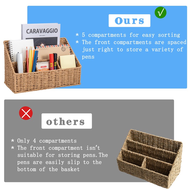 DINGTAI Rattan Desk Organizer, Tabletop Mail Holder, 5 Slot Mail