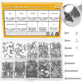 565 Pieces M2 Machine Screws Nuts Washers Set, Sutemribor M2 x 4/6/8/10/12/16/20mm Phillips Pan Head Machine Screws Nuts Washers Assortment Kit, 304 Stainless Steel, Fully Threaded