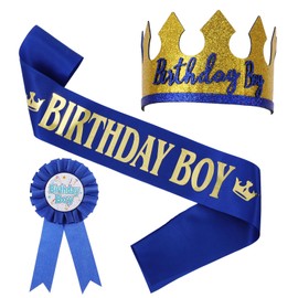 Classicseali 3pcs Birthday Boy Sash,Birthday Boy Badge, Birthdays Sash and Tiara Set, for Boys Theme Party Decoration Supplies, Blue