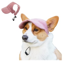 Harikaji Dog Cap, Dog Thickened Corduroy Cap Sunscreen Hat Baseball Cap Outdoor Sports Hat with Ear Holes Chin Strap for Cats Dogs (Pink,L)