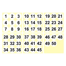 PATIKIL 1 to 50 Number Stickers 2 Inch, Consecutive Vinyl Round Labels Self-Adhesive Dot Colored Decals for Inventory Classification Storage Box Organizing, White