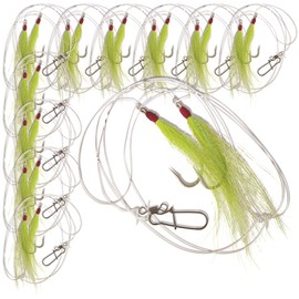 Uncle Mo’s Tackle - 10 Pack Fluke Flounder Ocean Hi-Lo Hey Now Rig – Chartreuse BUCKTAIL Teaser Hook for Saltwater – Size 5/0 Hook - 40lb Heavy Duty Mono 3ft Long -Black Duo-Lock Snaps-Hand Tied