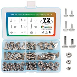 72Pcs M5 M6 M8 Hammer Head Bolt T Screw and M5 M6 M8 Hexagon Flange Nuts Set Carbon Steel Nickel Plated for 20 30 Series European Standard T-Slot Aluminum Profile