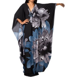 Swimsuit Cover ups Womens Caftan Blue Grey Flower Kaftan Turkish Caftan Silk Wrinkle Ethnic Print Plus Size Kaftans Floral Print Batwing Sleeve Oversized Dress Caftans Lounge Dress(8693-16)