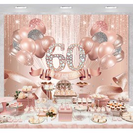 Sensfun Rose Gold Happy 60th Birthday Backdrop Decorations for Women Pink Glitter Ribbon Balloons Dots Photography Background Shining Diamond Sixty Years Old Party Banner Photo Studio Props 7x5ft