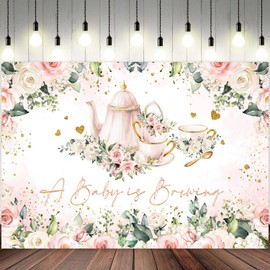 ASDCXZ 8x6ft Baby Shower Backdrop A Baby is Brewing Photography Background White Floral Pink Teapot Tea Party Theme Banner Decorations Rose Flower Green Leaf Golden Glitter Heart Photo Booth Prop