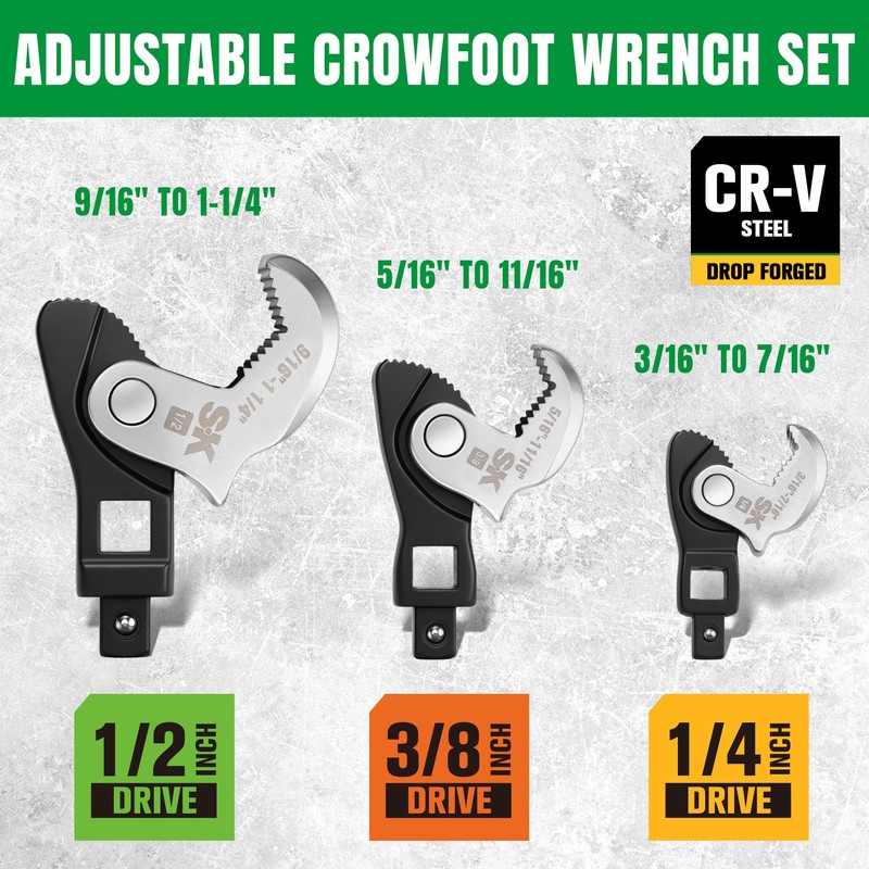 3-Piece Adjustable Crows Foot Wrench Set, 1/4" & 3/8" &
