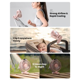 Koonie Portable Clip On Fan, Small USB Battery Operated, 3 Speed Rechargeable Mini Pink With LED Display, 360° Rotate Personal Cooling for Desk Stroller Travel Camping Golf Gym