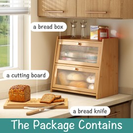 viewcare Large Bread Box for Kitchen Counter With Cutting Board, 2-Tier Bread Box, Bamboo Wood Large Capacity Bread Storage Bin with Acrylic Wavy Door Panel