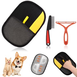 Dexspoeny 3 Pcs Pet Hair Removal Glove Set, Reusable Electrostatic Pet Hair Remover with Hair Remover Brush and Pet Comb, Upgrade Efficient Cats&Dogs Grooming Gloves for Clothes Furniture Carpet Seat