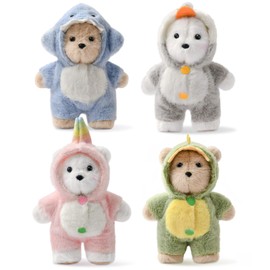 SNLN 4 Pcs Teddy Bear Plush Keychain, 6'' Stuffed Bear Pendant with Shark Dinosaur Unicorn Penguin Clothes Small Plush Animal Bulk with Removable Hat Girl Boy Kid Birthday Party Gift Class Prize