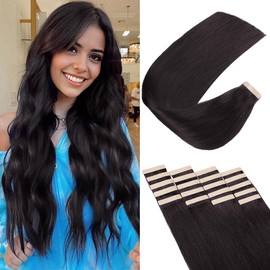 OBHD Tape in Hair Extensions Human Hair, Hair Extensions 18 Inch 20pcs Natural Black Remy Straight Human Hair Tape in Extensions Skin Weft Tape Extensions Human Hair (1B#,18 Inch)