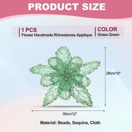 PATIKIL Handmade Rhinestones Applique, Flower Lace Patches with Sequin Beads Sew on Crystal Beaded Lace Applique for Wedding Dresses DIY Clothes Craft, Grass Green