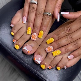 48 Pcs Yellow Press On Nails Short Square & Press On Toenails Set,YEFIUO White French Fake Nails Press ons Nail Art Tips Acrylic Nail Kit Glue on Toe Nails Summer 3D Flowers Texture Design for Ma'am