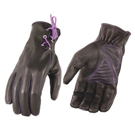Ladies Leather Riding Gloves w/Gel Palm, Laced Wrist (Small, Purple Lace)