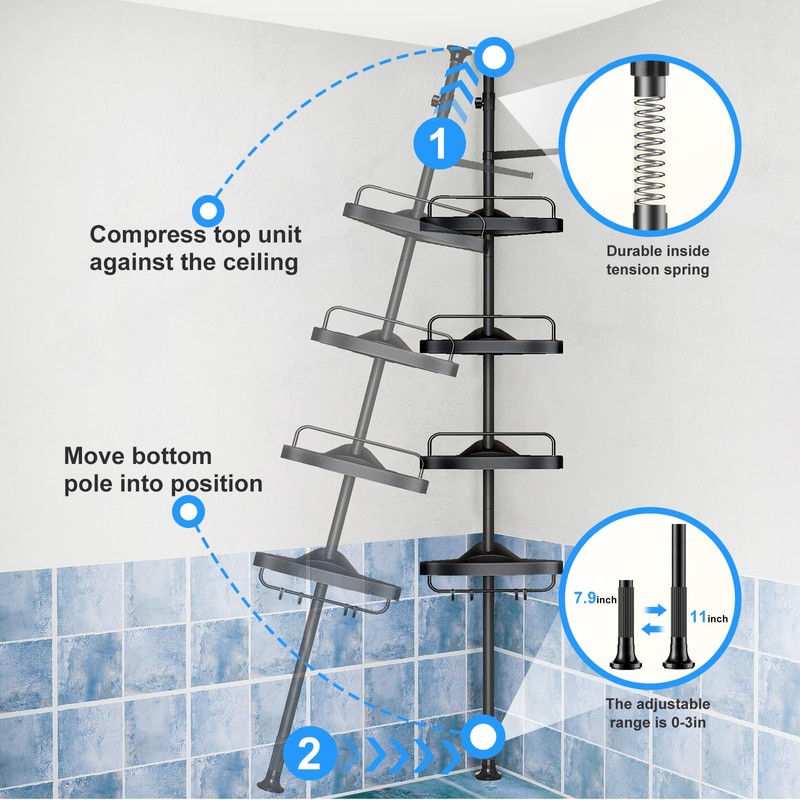 HAMITOR Corner Shower Caddy Tension Pole: Adjustable Stainless Steel Shower