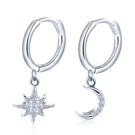 VIKILEE 925 Sterling Silver Women's Earrings Stars and Moon Asymmetrical Dangle Chain Suitable for Friends Girlfriends Hypoallergenic, Silver