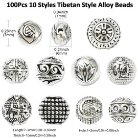 LiQunSweet 100 Pcs 10 Styles Tibetan Style Round Spacers Beads Chakra Beads Round Metal Charms Beads Antique Silver Metal Loose Spacer Beads for Friendship Bracelet Jewelry Making