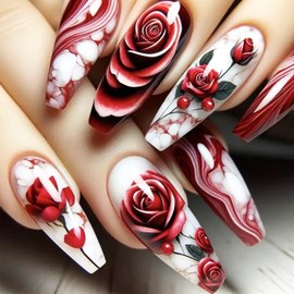 Red Rose Flower Press on Nails Valentines Acrylic Medium Coffin Fake Nails Glossy Red Curve Line False Nails Rose Amber Stick on Nails Romantic Gift Gel Glue on Nails for Coquette Women Girls 24Pcs