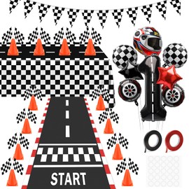 48P Checkered Flag Party Supplies, Windspeed Race Car Party Decorations Include 24P Racing Checkered Flags Hand Held 12P Traffic Cones 1 Hanging Checkered Flag 1 Racetrack Floor Running