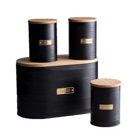 Black Metal Canisters with Wooden Lids, Set of 4, Tea, Coffee, Bread, Sugar