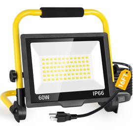 60W LED Work Light, 7200 LM Outdoor Flood Light with 16ft Cord & Switch, IP66 Waterproof Portable Job Site Light with Stand, 5000K Dayight Worklight for Construction Site Garage Workshop Car Repairing