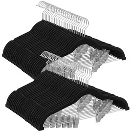 SONGMICS 50-Pack Pants Hangers, 16.7-Inch Long Velvet Hangers with Adjustable Clips, Heavy-Duty, Non-Slip Skirt Hangers, Space-Saving for Pants, Skirts, Coats, Dresses, Black UCRF012B50