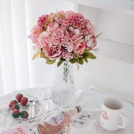 KIRIFLY Artificial Flowers, Fake Peony Silk Hydrangea Bouquet Decor Plastic Carnations Realistic Flower Arrangements Wedding Decoration Table Centerpieces 3 Packs (Blush)