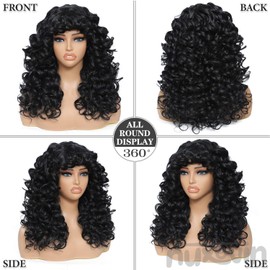Nuxovin Big Curly Wigs Human Hair for Women Long Curly Afro Wig with Bangs Realfor Cosplay and Daily Use Black Breathable Capless Lightweight Tangle Free