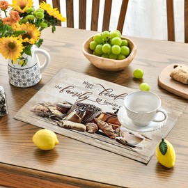 Christian Coffee Placemats Set of 6, Bless The Food Before Us Place Mats, Religious Table Mats for Kitchen Dining Table Kitchen Decor Linen 12x18 Inch