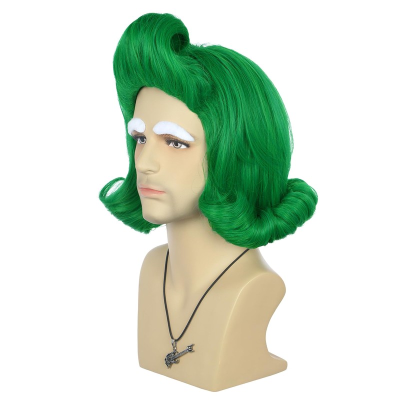 VGbeaty Men Short Wavy Green Wig With White Eyebow