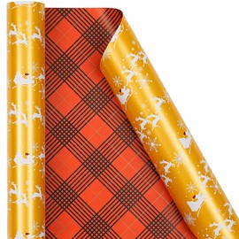 Ulmasinn Reversible Christmas Wrapping Paper Gold Mini Roll 17 Inches X 33 Feet for Kids Adults, Red and Gold, Santa's Sleigh,Plaid Design for Holiday, Party, Celebration