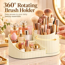 360° Rotating Makeup Organizer for Vanity – Multi-Compartment Cosmetic Storage for Brushes, Skincare & Perfume
