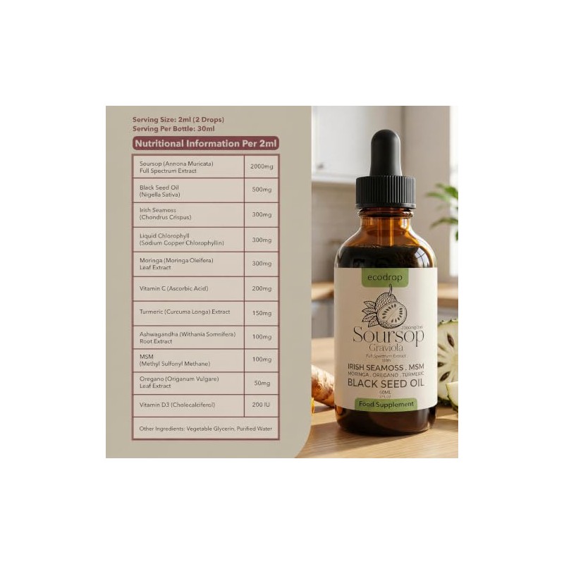 Ecodrop Soursop Drops 60ml/2000mg, 11-in-1 Herbal Multivitamin Supplement
