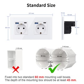 CNBINGO Glass Double Socket with USB Ports (Type-C and Type-A Support 20 W Fast Charging), Double Socket, Flush-Mounted, in White, Schuko Protective Contact Wall Socket