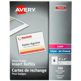 Avery Name Badge Inserts, 3" x 4", Print or Write, for Laser/Inkjet Printers, 300 Name Badge Insets, White (5392)