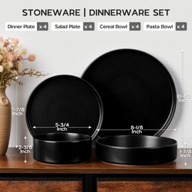 Onader 16 Piece Dinnerware Sets with Serving Bowls for 4, Stoneware Plates and Bowls Dish Sets, Ceramic Dinner Ware Dishware for Kitchen Dining, Chip & Scratch Resistant - Ebony Black