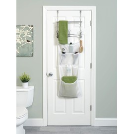 Zenna Home Bar, Satin Nickel SnugFit Over-The-Door-Towel Rack with Mesh Pocket-Storage