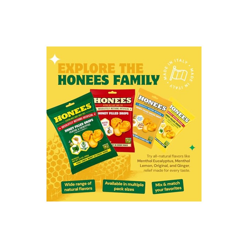 Honees - Gotas rellenas para la tos de mentol, miel,