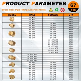 Dazakoot 68PCS Brass Pipe Fitting & Adapters Assortment Kit, NPT Adapter, Hex Nipple,Hex Coupling, Hex Head Plug, Busing,Reducer Coupling, 45 Degree & 90 Degree Street Elbow, Male Run Tee