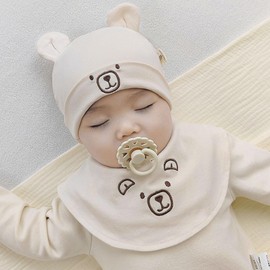 HEOXIN Newborn Baby Hat and Dribble Bibs, Toddler Soft Winter Beanie Dribble Bibs with Bear Pattern, Kids Infant Cute Caps for 0-12 Months Baby Girl Boy Unisex, One Size, Beige