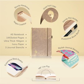 Ottergami The Classic Notebook, A5 Dotted 150 gsm Paper, Polka Dot, Bullet, Grid Journal with Stencils, Brown leather