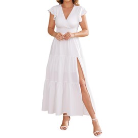 CosySun Summer Split Tiered Dress - A-Line Flowy Tiered Maxi Dress : 2025 Causal Wrap V Neck Ruffle Sleeve Beach Sundress(White)
