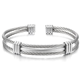 COOLSTEELANDBEYOND Men Women Stainless Steel Twisted Cable Adjustable Cuff Bangle Bracelet Silver Color