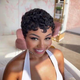 PangDongLai Chic Elegent Pixixe Cut Curly Wigs for Black Women Short Layered Pixie Cut Human Hair Wigs With Bangs Natural Black Color Summer No Glue Short Curly Human Hair Wig